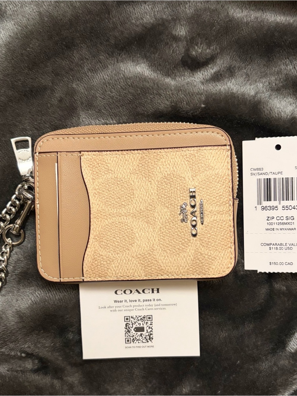 Coach Sand and Taupe Zip Card Holder with Chain Accent